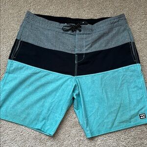 Billabong Blue and Gray Board Shorts with Lace-Up Front